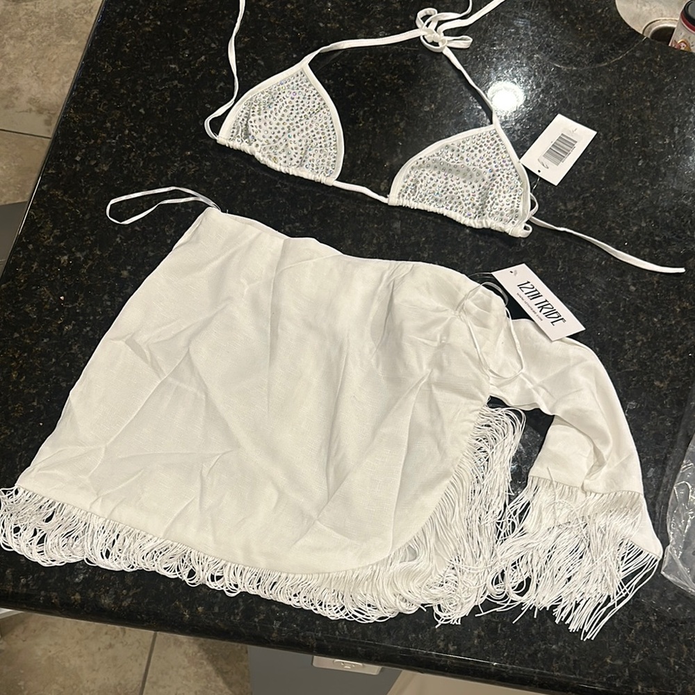 White Bikini Set with Fringe Skirt